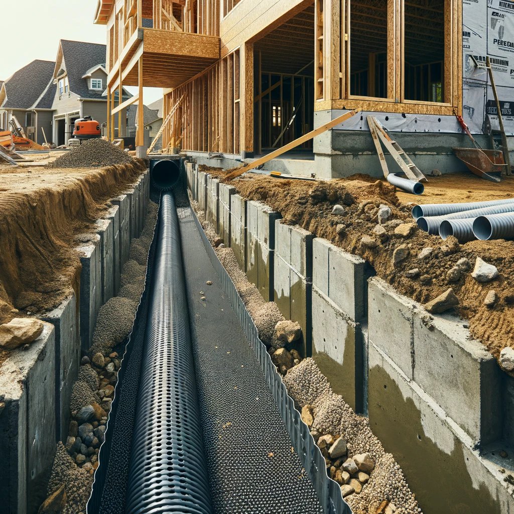 Drain de fondation quartier de maisons neuves en construction